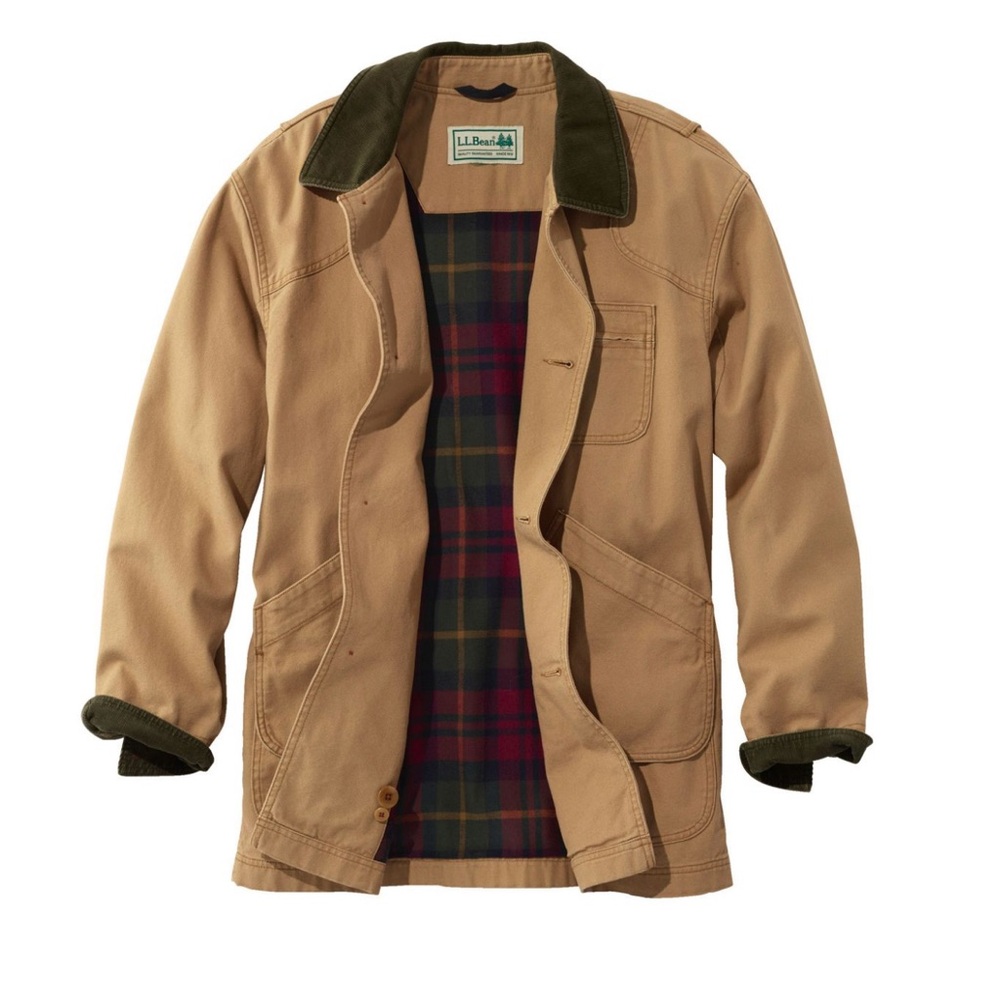 L.L. Bean Men's Tan Jacket with Olive Collar and Plaid Lining